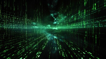 Fototapeta na wymiar Digital Matrix: Futuristic Digital Matrix Background with Glowing Green Binary Code, Black Computerized Data Stream