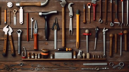 Assortment of tools on wood white background.Generative AI