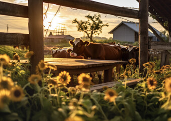 Naklejka premium Cows grazing in garden next to wooden desk and barn, yellow flowers in foreground. Generative AI