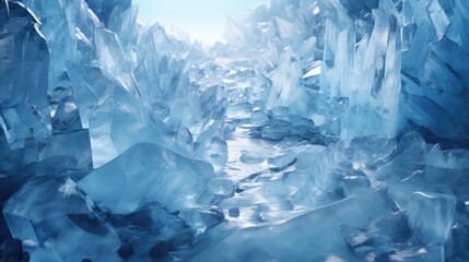Crystal Ice Cave: Icy Blue and White Crystal Cave Patterns with Sharp, Jagged Crystal Formations and Blurry Ice Patches - obrazy, fototapety, plakaty