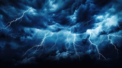 Electric Lightning Storm: Dramatic Dark Stormy Clouds Background with Bright Blue and White Lightning Bolts