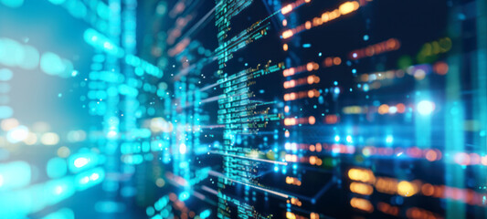 Abstract technology innovative background code glowing on the screen, Digital data, database, internet network connection, big data, IoT, futuristic metaverse. blurred image