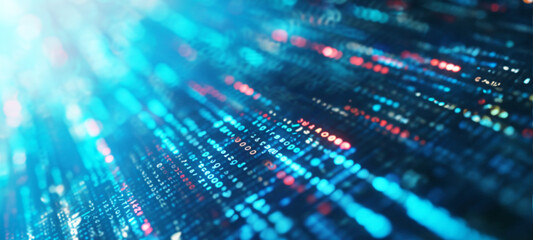 Abstract technology innovative background code glowing on the screen, Digital data, database, internet network connection, big data, IoT, futuristic metaverse. blurred image