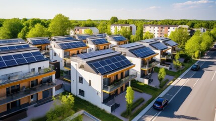 Fototapeta premium Eco-friendly apartment buildings with large solar panels on roofs surrounded by bright autumn trees