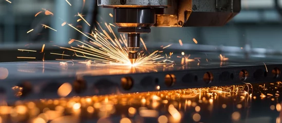 Fotobehang Laser cutting technology efficiently processes stainless steel tubes in sheet metal manufacturing. © AkuAku