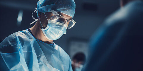 Surgeon performing microsurgery in blue uniform in OR with lighting effect, Eye surgery, Brain surgery or cosmetic surgery using medical technology. 
 - obrazy, fototapety, plakaty