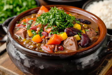 Feijoada, a traditional Brazilian dish, is a hearty and savory black bean stew brimming with a rich medley of smoked sausages, pork cuts, and beef