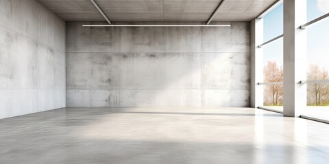 Building with concrete floor and white walls, creating an interior space.