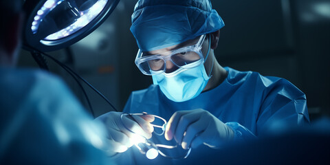 Surgeon performing microsurgery in blue uniform in OR with lighting effect, Eye surgery, Brain surgery or cosmetic surgery using medical technology. 
