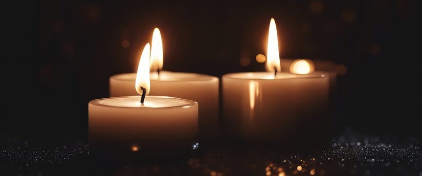 closeup of burning candles on abstract black background, contemplate celebration mood with blurry