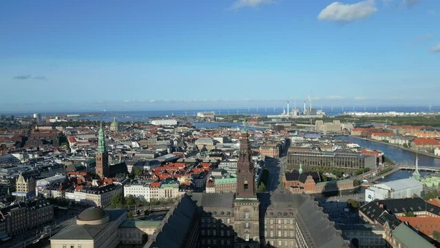 Copenhagen Folketing Parliament Christiansborg Palace. Christiansborg Palace on Copenhagen's central island of Slotsholmen. Cristiansborg Castle in Denmark. Danish Parliament Folketinget. Drone shoot 