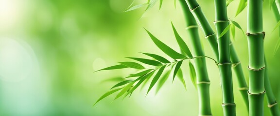 Fototapeta premium green bamboo leaves over sunny water surface background banner