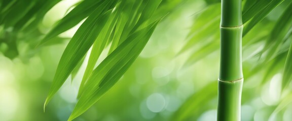 Fototapeta na wymiar green bamboo leaves over sunny water surface background banner