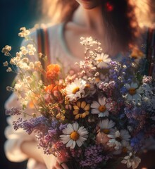 Obraz na płótnie Canvas A woman is holding a bouquet. Girl with flowers. Generative Ai.
