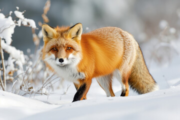 Naklejka na ściany i meble A red fox adopts a focused hunting stance, its keen eyes fixed on potential prey