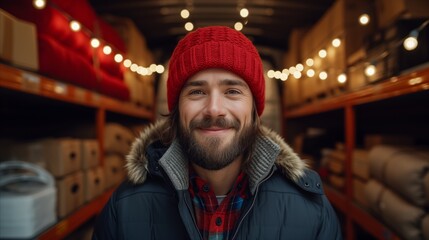 Obraz premium Man Wearing Red Hat and Blue Jacket