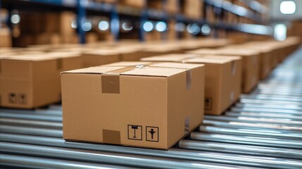 Boxes on a Conveyor Belt in a Warehouse