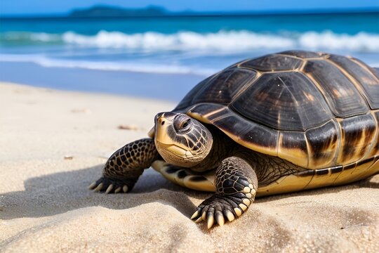 Big turtle on the sand, beautiful nature 