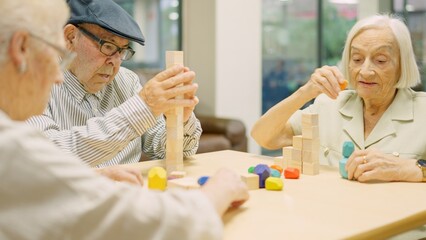 Concentrated seniors resolving brain skill games with pieces in geriatric