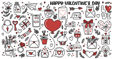 Valentines day doodle vector set. Hand drawn elements for Valentine's day. Outline icons on theme of love, romance, February 14 in doodle style. For banner, card, cover, poster, wallpaper, packaging