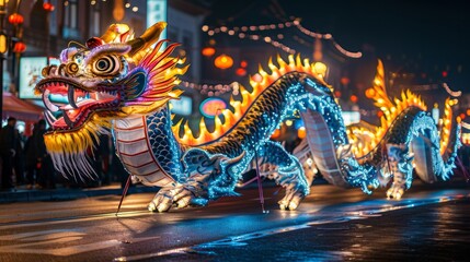 Obraz premium Illuminated Dragon Dance at Night. Glowing dragon dance in night parade for Chinese New Year.