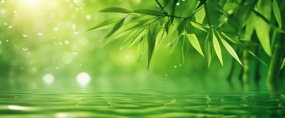 green bamboo leaves over sunny water surface background banner