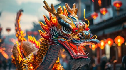 Close-up of Dragon Dance Performance.
Close-up of dragon head in traditional Chinese New Year dance.