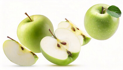 Levitation of ripe green apples, apple halves and slices isolated on white background