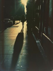 Silhouette of a woman walking on a street in the evening. A conceptual image of a person's...