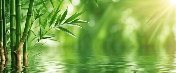 Naklejka premium green bamboo leaves over sunny water surface background banner