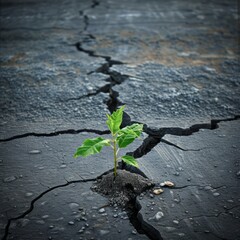 A conceptual image of a young sapling breaking through a cracked concrete pavement, symbolizing resilience and the triumph of nature over urban constraints. 