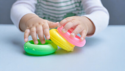 Baby hands playing with green, yellow and pink plastic rings on light blue background