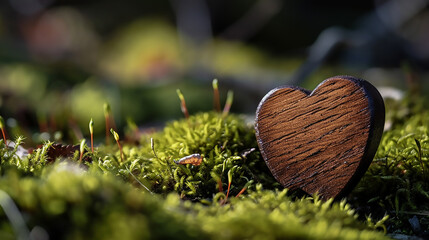 Wooden heart on moss, romantic scene, Happy Valentines day