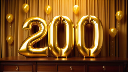 Golden numbers 200 on a shiny background with balloons. Beautiful illustration with copy space, anniversary, holiday, golden balls, bright golden background