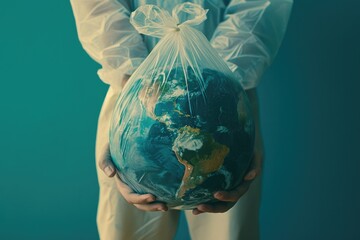 World Environment Day and Earth Day concept. A man with the earth in a plastic bag in his hands. comeliness