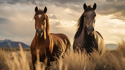 Horses free run on desert storm against sunset sky. Neural network AI generated art - obrazy, fototapety, plakaty