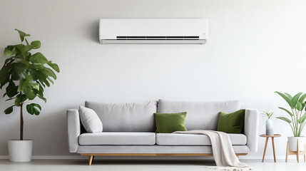 Fototapeta na wymiar generic air conditioner purifier or AC controller split unit mockup with modern bright Livingroom background