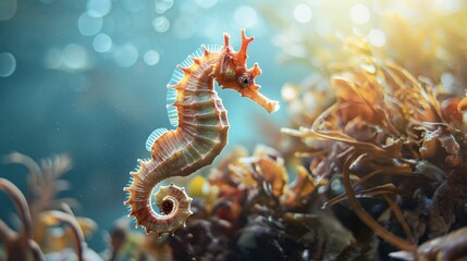 Beautiful seahorse in the ocean, underwater plants, marine wild nature beautiful seahorse underwater scene. - obrazy, fototapety, plakaty