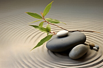 Zen Garden with Sage and Pebbles on Sand Peaceful Zen garden background featuring a sage twig and an arrangement of pebble rocks on raked sand. Generative AI, - obrazy, fototapety, plakaty
