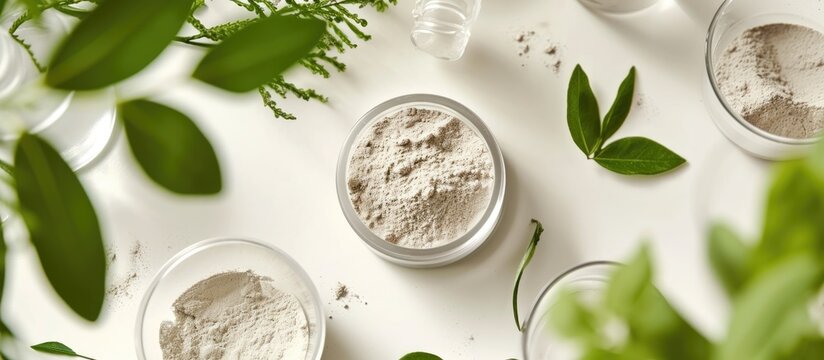 Laboratory research on natural cosmetics, using lab glassware and petri dishes, testing efficiency in vitro with clay powder and green leaves.