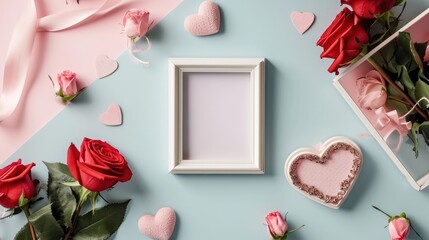 Blue and pink Valentine mock up composition. Blank photo frame with valentine's day decoration, flower and heart