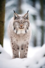 Obraz premium European lynx in a snowy forest in the winter.