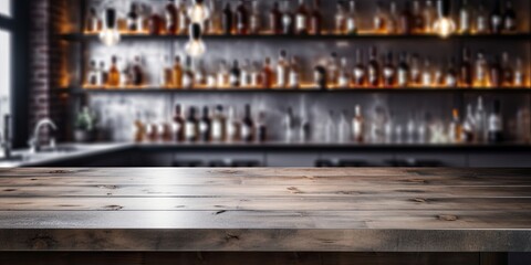 Bar concept featuring bokeh shelves and a grey table top with alcohol bottles in the background.