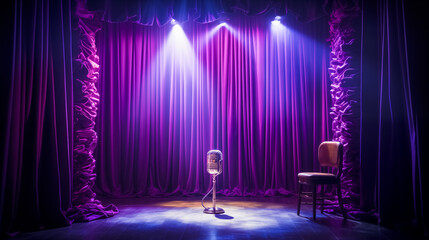 Vintage metal microphone, retro item against purple velvet curtain background with glitter....