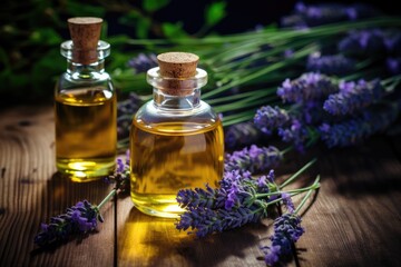 Herbal oil and lavender flowers on wooden background