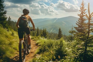 Mountain biking woman riding on bike in summer mountains forest landscape. - obrazy, fototapety, plakaty