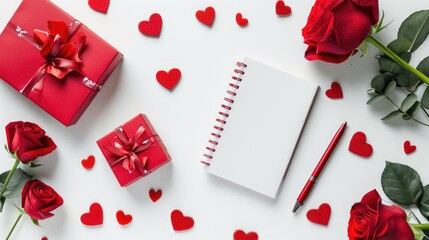Valentines Flat lay of blank notebook with rose, gift box and red hearts handmade