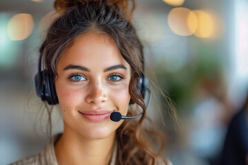 Friendly portrait of a brunette female businesswoman with a headset