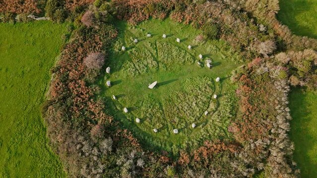 Boscawen stone circle Cornwall England UK Aerial view