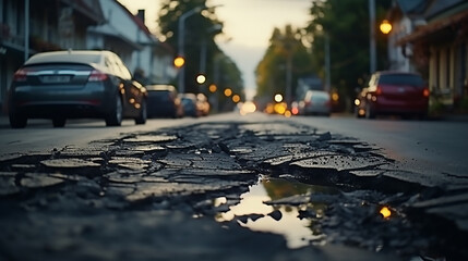 Very bad quality street with potholes. Damaged asphalt pavement road with potholes in city - obrazy, fototapety, plakaty